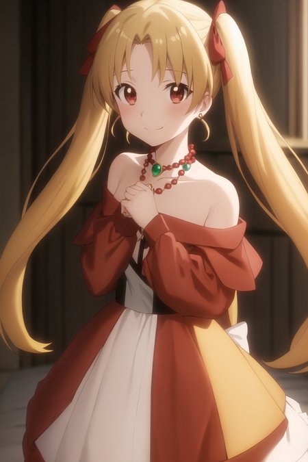 sherry, anime art style, 1girl, solo, long_hair, looking_at_viewer, smile, blonde_hair, brown_hair, red_eyes, dress, bow, ribbon, bare_shoulders, twintails, brown_eyes, jewelry, necklace