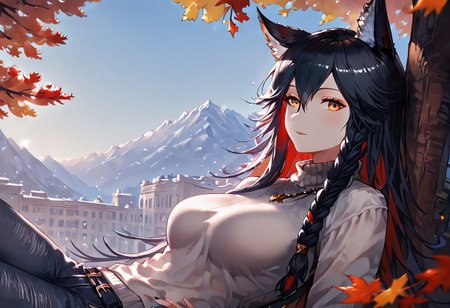 1girl, texas (arknights), female, young, wolf girl, wolf tail, wolf ears, animal ear fluff, amber eyes, multicolored hair, black hair, red inner hair,  slender body, (medium breasts:1.2, round breasts, perfectly shaped breasts), sweater, denim pants, (petite body:1.4), happy, looking at viewer, park, laying on the ground against a tree, taut clothing, headshot, extremely tight shirt, inviting expression, side view, jeweled necklace, dutch angle, dark eyeliner, autumn colors, cornrow braids, head turned, (low-angle view:1.2), score_9, score_8_up, score_7_up, (masterpiece, best quality, very aesthetic, ultra detailed), intricate details, beautiful face, detailed eyes, detailed background, granblue_fantasy_style_xl, expressiveh, light from above