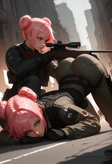 weapon, gun, top-down bottom-up, hair bun, 2girls, ass, multiple girls, double bun, rifle, sniper rifle, gloves, pink hair, scope, holding weapon, black gloves, sitting, holding gun, holding, grey eyes, short hair, long sleeves, outdoors, pants, closed mouth, aiming, jacket, jack-o' challenge, tactical clothes, masterwork, masterpiece, best quality, dynamic lighting , dynamic pose,,  dynamic angle, , , (realistic:1.2), (lineless:1.2), detailed, <lora:Detailer_NoobAI_Incrs_v1:1>, , aged up, adult, depth of field, dynamic lighting, blurry,