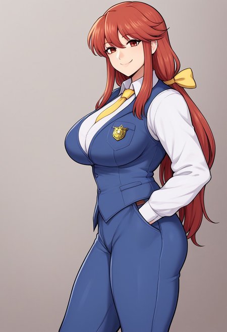 score_9, score_7_up, source_anime, source_cartoon, perfect face, EyesHD, BREAK, (illustration), intricately detailed illustration, Exquisite color design, (best quality, ultra detailed), smooth skin, high details, (1girls), mature female, beauty, thick thighs, big breasts,  kotohime (touhou), long hair, red hair, bangs, low-tied long hair, (hair bow, yellow bow), red eyes, white shirt, collared shirt, long sleeves, yellow necktie, blue vest, buttoned vest, police badge, brown belt, blue pants, hands in pockets, looking at viewer, smile, closed mouth, simple background, side view,