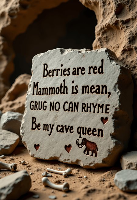 A rough, textured cave wall serving as the backdrop for a vintage stone-age Valentine's "card." Centered on this primitive setting is a large, flat stone slab, its edges jagged and hand-chiseled, with a crudely etched rhyme: "Berries are red, Mammoth is mean, GRUG NO CAN RHYME, Be my cave queen." The letters are unevenly spaced, carved with a primitive tool, giving an authentic feel of ancient handiwork. There are a couple of poorly chiseled hearts on the stone slab as well as a poorly-drawn mammoth. Scattered around are hints of stone-age life—flint stones, bones, and near a flickering fire pit, with rudimentary cave paintings adding to the ambiance, creating a humorous and romantic nod to the simplicity and charm of caveman courtship