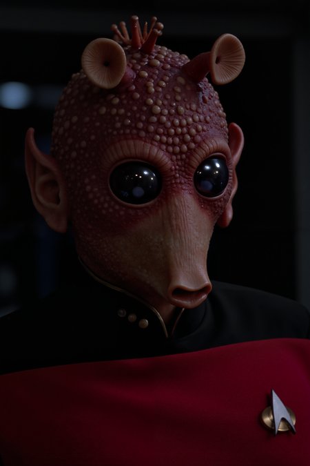A hyper-realistic portrait, photorealistic photo close-up image of  A full body shot of Rodian alien man with snout in a red TNG uniform (photography, high-resolution, dynamic, energetic,hyper-realistic, dramatic lighting, shallow depth of field.), detailmaximizer, MythP0rt<lora:midjourney_whisper_flux_lora_v01:0.55><lora:aidmaMJ6.1-FLUX-V0.1:0.4><lora:FluxMythP0rtr4itStyle:0.4><lora:detailed_flux_ntc:2.2><lora:aidmaImageUpgrader-FLUX-V0.1:0.65><lora:RODIAN_1:1.1><lora:TNG_FLUX:1.1>