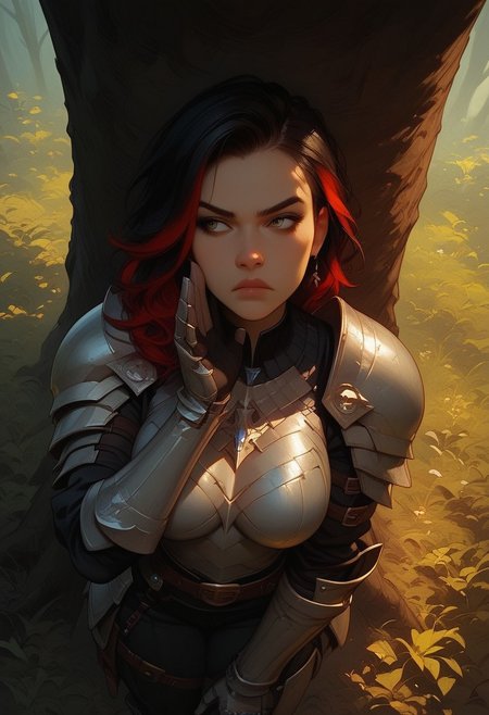 score_9,score_8_up,score_7_up,score_6_up,score_5_up, masterpiece, best_quality, ultra-detailed, masterpiece,
1girl, solo, black hair, red highlights in hair, shoulder armor, gauntlets, leather armor, breasts, black pants, forest, sexy, hot, fit body, against a tree, leaning against a tree, back against tree, looking away, annoyed, hand up, waving away, shooing away, 
(Face Focus, from above), (Closeup:1.3), (close up:1.3),