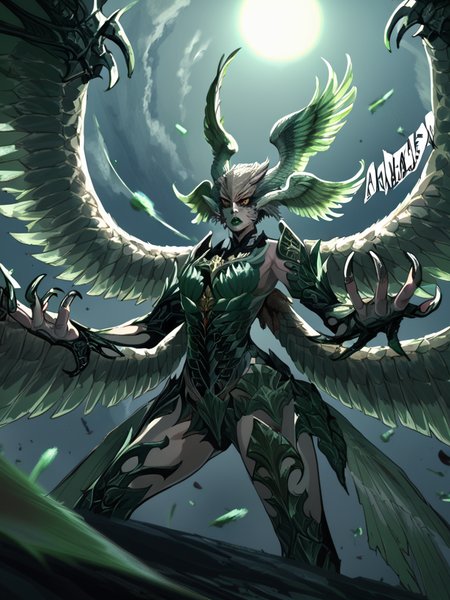 Garuda, head wings, monster girl, female, green lips, black feathers, large wings, fingernails, multiple wings, feathered wings, black body, yellow eyes, claws, feathers, armor, <lora:Garuda:1>, , score_9, score_8_up, score_7_up, source_anime, detailed, high quality, beautiful, masterpiece,