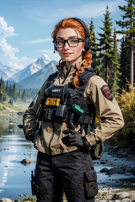lis, orange hair, one braid, green eyes, glasses, headset, military clothes, jacket, bulletproof vest, gloves, looking at viewer, smiling, happy, medium shot
standing, hands on hips, outside,mountain, trees, river, blue sky, extreme detail, masterpiece,  <lora:lis_(battlefield_2042):.6>