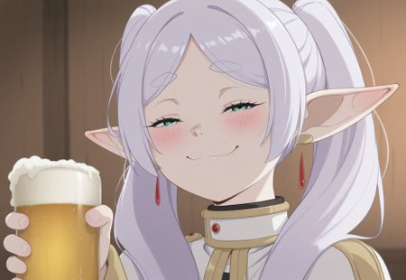  masterpiece, newest, absurdres, safe, masterpiece, best quality, newest, highres, absurdres, 1girl,you can just give this kind of thing to men and they will be thrilled (meme), smug, holding, beer, messy hair, drun, blush, frieren, good hands, 5 fingers