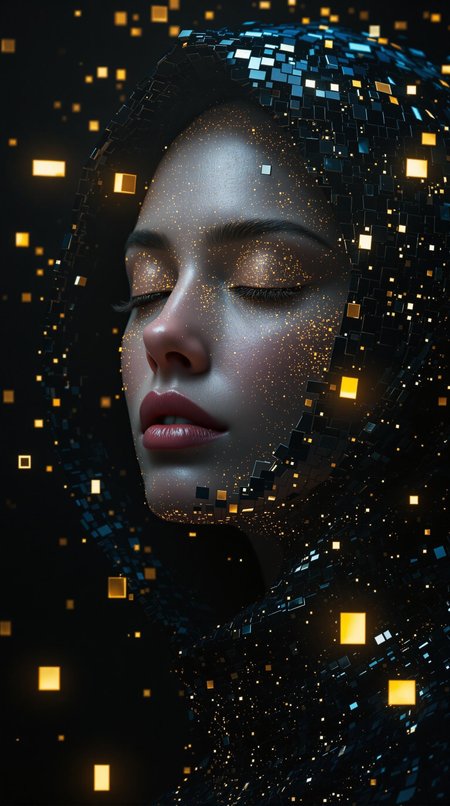 A serene female figure, her face illuminated by an inner light, is enveloped in a shimmering, cybernetic hood. The hood's surface is composed of intricate, fragmented rectangular and square patterns, like a fragmented digital tapestry, creating a mesmerizing, pixelated effect.  Sharp, geometric elements, cool blues and blacks, and glowing, golden rectangles, resembling data streams or celestial islands,  pulse and flicker against the deep, ink-black backdrop.  The figure's eyes are closed, her expression peaceful, almost meditative, suggesting a state of deep introspection or mindful connection with the digital world.  A subtle, cool, metallic hum vibrates through the atmosphere around her, subtly echoing the structured chaos of the intricate patterns behind her.  The golden rectangles seem to float and shift, creating a dynamic dance of light against the shadowed blackness.  Photorealistic, 3D render aesthetic, with a cinematic, moody lighting emphasizing the contrast between her peaceful inner light and the complex, vibrant digital landscape enveloping her.