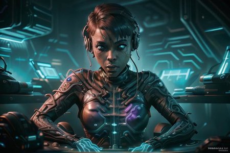 1 adult woman, CyberMamanBrigitte, headphones, goggles, detailed face, (partially submerged in watertube),  (catsuit, CircuitBoardAI) 
BACKDROP is water tube AND interior of cyberpunk nethacker workshop, GlowingRunes_paleblue, GlowingRunes_purple, detailed