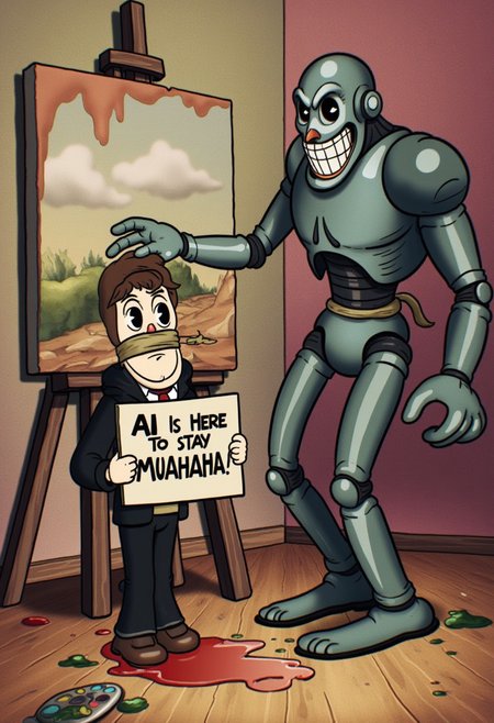 RU883R style, A cyborg is holding an artist hostage in front of a cavas.  The artist is tied up with their mouth covered with duct tape, The artist is holding a sign that reads, "AI is here to stay muahaha!". Vintage 1920s cartoon. The robot has a very toothy sinister grin and the overall mood is sinister. There is an artists color palette that has paint that ahs spilled all over the wall and floors
