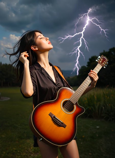cinematic film still a young woman standing in a field with a guitar in her hands. She is wearing a black blouse and has long dark hair that is blowing in the wind. The sky is dark and cloudy, and a lightning bolt is visible in the background. The woman is looking up towards the sky with a peaceful expression on her face. The guitar is an acoustic model with a sunburst finish and a white pickguard. The overall mood of the image is calm and serene. <lora:add-detail-xl:.5>  <lora:Flux-style-xl-lora:.5>