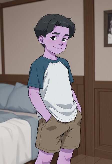 masterpiece, best quality, amazing quality, 1boy, solo, cute boy, male focus,1boy,Oliver, Black Hair, Black Eyes, Purple Skin, Colored Skin,detailed skin, standing,t-shirt, raglan sleeves, shorts,hands in pockets,smile,looking at viewer,bedroom,