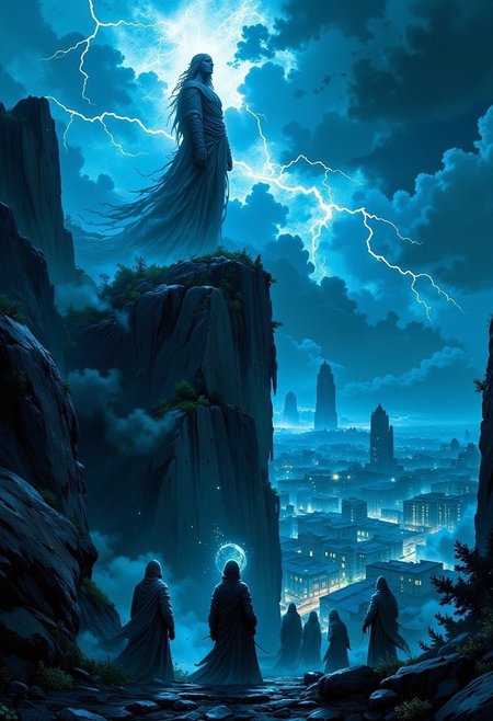 3pic_vist4, Haunting dark fantasy illustration of an ancient, twisted statue standing atop a steep cliff, overseeing a decaying metropolis shrouded in mist. The sky churns with ominous clouds and flashes of lightning, casting stark shadows across the landscape. Mysterious figures clad in flowing cloaks gather around the statue during a midnight ritual, their faces obscured, while ghostly wisps and ethereal lights dance in the air, hinting at forgotten lore and lost secrets.aidmaimageupgrader,Midjourney_Whisper,aidmaMJ6.1