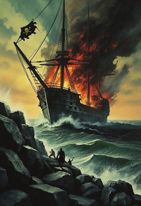 A dramatic, high-resolution fantasy illustration capturing the final desperate stand of a battered pirate galleon, locked in combat beneath a surreal, storm-split sky. The once-proud ship creaks against roaring waves and cannon fire, its sails torn, hull scorched, and rigging aflame. Armored corsairs, their coats soaked in blood and seawater, man the blazing deck with fierce resolve — firing pistols, swinging cutlasses, shouting defiance into the chaos.
At the prow, the captain stands defiant, coat shredded by wind and fire, hair whipping around a face carved by war. With a raised sabre and burning eyes, he signals one final charge as golden cannon fire lights the sea like dying stars. A tattered pirate flag flaps violently above, catching what little light breaks through smoke-drenched skies, casting dramatic shadows across the wounded deck.
Fire and salt spray mix with glowing embers and spectral mist, while the sea boils beneath them, littered with wreckage and fallen comrades. The atmosphere is thick with romanticized warfare, heroic desperation, and the surreal poetry of doomed resistance. Directional light from the setting sun strikes angled clouds and smoke plumes, creating cinematic highlights and sharp color contrast.A timeless masterwork of dynamic composition, epic scale, intricate textures, and brilliant lighting. Inspired by Frank Frazetta, Howard Pyle, and Jakub Rozalski. Best quality, emotionally charged, absolutely eye-catching, and unforgettable.