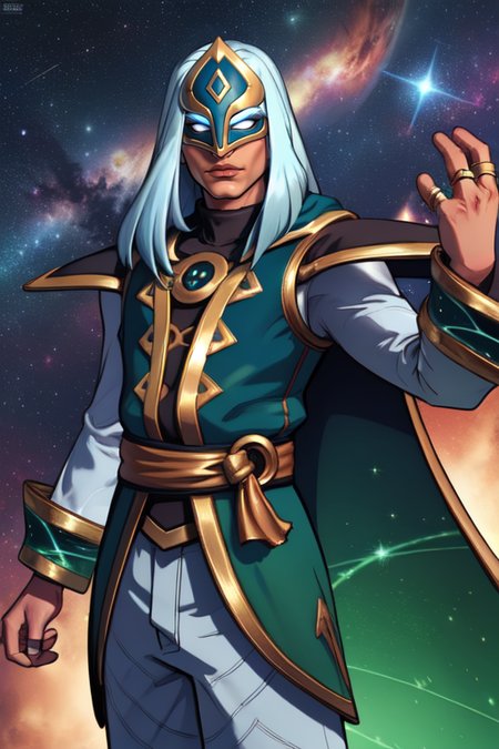 Jenos, long hair,mask,blue hair,white hair, arms up, 
Robes,long sleeves,pants,armor,cape,ring,jewelry,shoulder armor, cape, 
floating, smug, 
space, astral, stars, 
 (insanely detailed, beautiful detailed face, masterpiece, best quality) 
 <lora:Jenos:0.8>