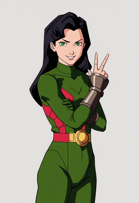1girl, female focus, solo, Caitlin, black hair, long hair, green eyes, small breasts, turtleneck, Power Pack uniform, asymmetrical clothes, print bodysuit, green bodysuit, black bodysuit, bracers, metal bracers, belt, cowboy shot, looking at viewer, smile, v, rating_safe, simple background, white background