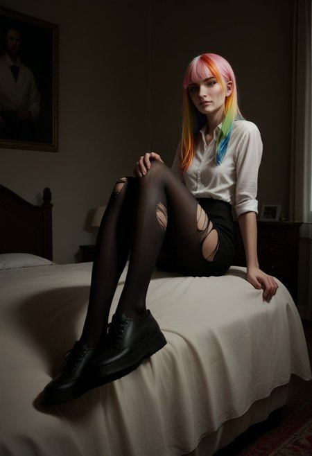 score_9, score_8_up, score_7_up, score_6_up, source_anime, masterpiece, newest,
Highly detailed, 1girl, slender, cute, sexy,big boobs, sitting, , long hair, opaque pantyhose, shoes, colorful hair, multicolored hair,  white bro,black panty,realistic, long legs,bed room, ripped pantyhose
,Curve ass big size boobs