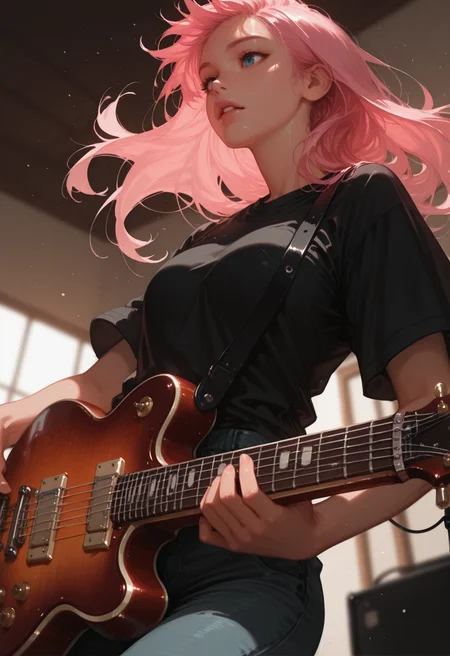 instrument, pink hair, long hair, guitar, 1girl, solo, shirt, blue eyes, black shirt, holding, holding instrument, electric guitar, blurry, short sleeves, playing instrument, music, pants, floating hair, indoors, t-shirt, from below, blurry background, parted lips, depth of field,, masterwork, masterpiece, best quality, dynamic lighting , dynamic pose,,  dynamic angle, , , (realistic:1.2), (lineless:1.2), detailed, <lora:Detailer_NoobAI_Incrs_v1:1>,