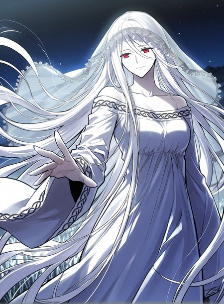 <lora:Yuridika__Doom_Breaker__Illustrious:1>
1 girl, red eyes, pale skin, hair between eyes, white hair, very long hair, bangs
white dress, veil, collarbone, wide sleeves, long sleeves, bare shoulders,
score_9, score_8_up, score_7_up, very aesthetic, source_anime, detailed, high quality, beautiful, masterpiece, detailed eyes, field, blurry background, pose dynamic angle, upper body, cowboy shot, light smile, looking back, reaching out, floating hair, night, silver moon