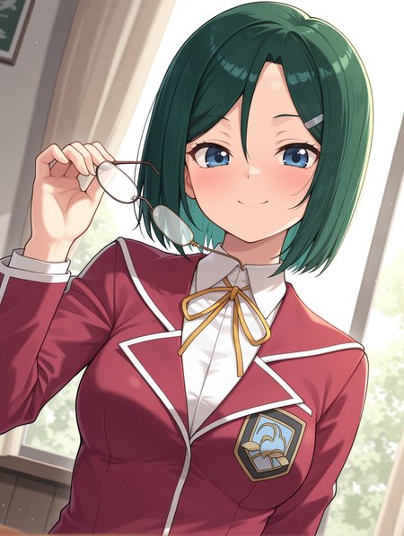 reika hara, 1girl, white under-rim eyewear, solo, smile, blush, holding eyewear, medium breasts, looking at viewer, upper body, unworn eyewear, dutch angle, silver hairclip, duel academy uniform \(yu-gi-oh! 5d's\), red blazer, white collared shirt, yellow neck ribbon,
masterpiece,best quality,amazing quality,very aesthetic,absurdres,newest,<lora:Reika Hara & Kaiho Rin illusXL v1:0.72>,