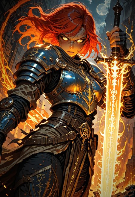 masterpiece, best quality, good quality, very aesthetic, absurdres, newest, dynamic angle, cowboy shot, M4gicalL1nes, 1girl, solo, battlemage, magic knight, half-plate armor, arcane runes, spellbook, holding flaming sword, glowing eyes, floating magic circles, wind-swept hair, dynamic pose, crackling energy, determined expression, gritty fantasy
