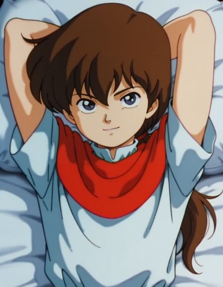 masterpiece, best quality, upper body, 1boy, male focus, solo, lying on bed, on back, seductive smile, arms behind head, 
<lora:Robin:1>, robinn, long hair, bangs, brown hair, low ponytail, male focus, retro artstyle, blue eyes, short-sleeves, red scarf,