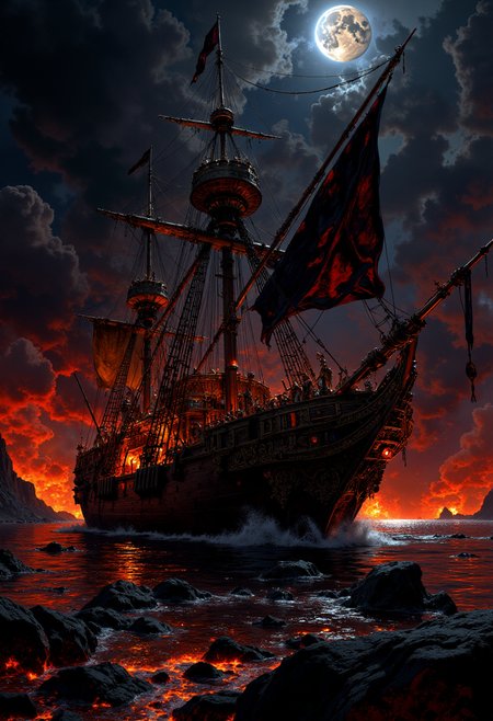 A pirate ship featuring many cannons and a black flag sailing in lava sea, moon is seen in background, hyper realistic, 8k, incredible, beautiful, frightening 
<lora:FluxMythP0rtr4itStyle:0.6> <lora:flux.1_lora_flyway_Epic-Characters_v1:0.6> <lora:Elden_Ring_-_Yoshitaka_Amano:0.33>