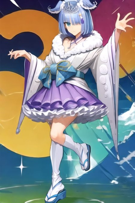 solo, 1girl, solo_focus, (((masterpiece))), ((best quality)), ((ultra-detailed)), high resolution, absurdres, highres, ultra-detailed 8k unity wallpaper, 
elira2st, tiara, japanese clothes, grey kimono, wide sleeves, single thighhigh, purple skirt, off shoulder, necklace, fur trim, thigh strap, tabi, sandals, purple nails