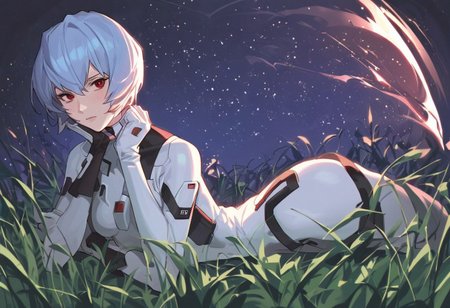 Abbystea style, score_9, score_8_up, score_7_up, (Western Comics), Rei Ayanami, red eyes, sitting on green grass, starry sky, white plugsuit, detailed face, (beautiful night background), seductive, innocent, slim, skinny