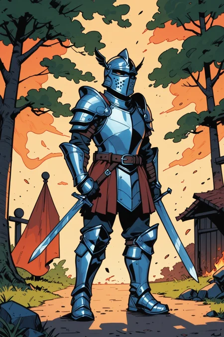 armor, solo, weapon, full armor, holding, helmet, holding weapon, sword, chainmail, ambiguous gender, holding sword, breastplate, 1other, standing, knight, bare tree, shoulder armor, shield, full body, pauldrons, gauntlets, tree, holding shield, embers, greaves, belt, outdoors, boots, fire, a_Comic_Illustration, rough lines with ink, (drawn:1.1), (sketch:1.5), (crosshatching:1.25), (comic style:1.1), graphic novel style, sharp lines, hires, zstyle, (western comics \(style\):1.1), (hatching \(texture\):1.2), zPDXL, Mr_Monster_Possitive, <lora:Expressive_H:0.5>, score_9, score_8_up, score_8_up,
