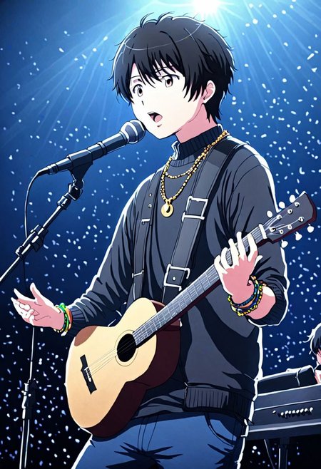 high resolution, solo, best quality, 1Boy, Inaho Kaizuka, Black Hair, singing, portrait, dept of field, virtual concert, playing musical instrument, necklace, bracelet, sneakers, OverallDetail