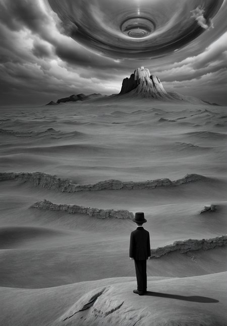surrealism, a boy standing on top of a desert under a cloudy sky, inspired by Gertrude Abercrombie, b&w matte painting, solitude, at the mountains of madness, longing