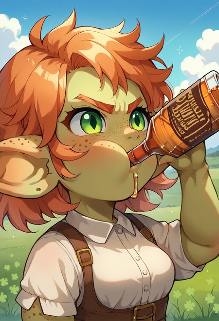 score_9, score_8_up, score_7_up, rating_safe, <lora:Smooth Anime Style LoRA XL:1>, anime style, anime,
solo, (female goblin:1.3), cute face, (cute:1.2), short, (shortstack:1.3), medium breasts, drinking, whiskey bottle, blush, bust portrait, close-up, ginger hair, freckles, green eyes, clover, determined, outdoors, field,
<lora:xl_katyusha_chug(pony):0.9>