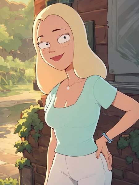 <lora:DianePony1.0:1> diane, 1girl, blonde hair, solo, freckles, long hair, necklace,white pants breasts, cleavage, aqua shirt, smile, bracelet,looking at viewer, hand on own hip,, score_9, score_8_up, score_7_up, score_6_up outdoors,