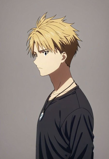 high resolution, solo, best quality, 1Boy, Yamato Ishida, Blond Hair, Necklace, potrait, dark shirt, looking at viewer, focused gaze forward, simple background, straight body, upper body, head upright, neutral expresion, OverallDetail