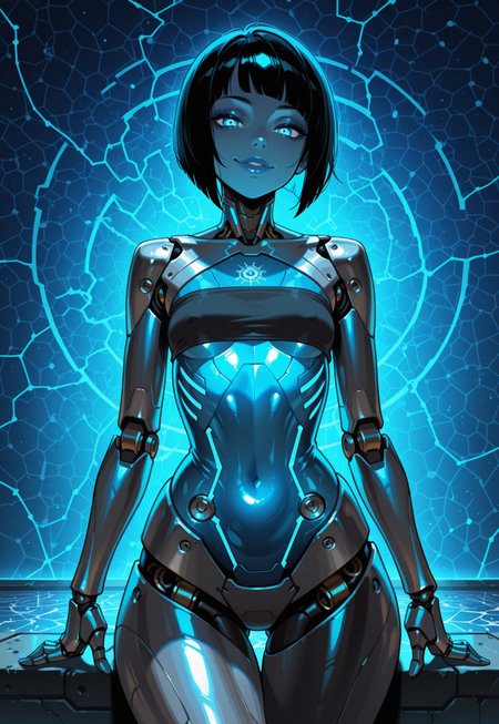 masterpiece, best quality, amazing quality,  high resolution, aesthetic,  robot girl, ((robot body)), robot joints, proud, small breasts, wide hips, (big lips:0.6), metal body, tube top, glowing blue details, rim lighting, naughty face, short bob cut hair, star map background, transparent body, circuitry