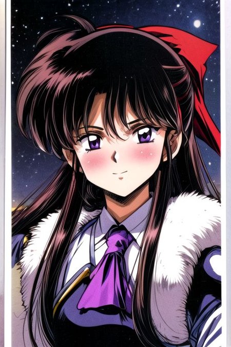 best quality 1girl Setsun4 solo long hair,  (night time) forest background black hair very long hair purple eyes multicolored hair armor, small, (fur trim) (medium body),<lora:EMS-179-EMS:0.800000>,<lora:EMS-293862-EMS:0.800000> bow, hair_bow, hair_tubes, red_bow, brown_hair, long_hair, bangs, ascot, frilled_bow, yellow_ascot, blush, smile, hair_between_eyes, athletic, armor, miko,  Smiling, happy, dragoon helmet, (helmet)