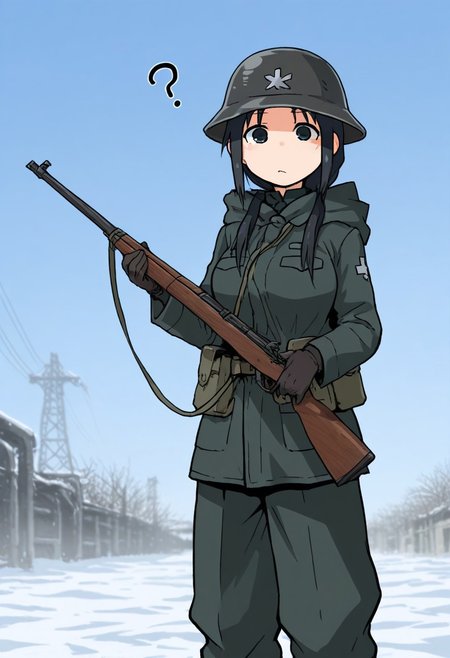 (Ahemaru:1.0), masterpiece, best quality, standing, looking at viewer, 1girl, (chito \(girls last tour\), black hair, short hair, bangs, black eyes, cht_military_helmet, cht_winter_military_uniform, (medium breasts), (holding rifle), ?, (industrial background), (day:1.1)