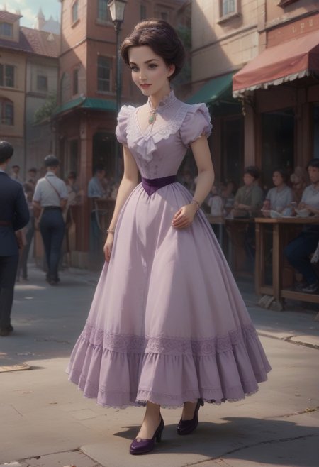 score_9, score_8_up, score_7_up, score_6_up, source_anime, 
1girl, 21+ years old,
updo, brown_hair, golden necklace, lavender victorian dress, purple belt
Crowd, public, spectators
Smile, 
In streets, Victorian
London
Empire
Cowboy shot, view legs, Dynamic view, Dynamic angles, moving, walking, 
Side view