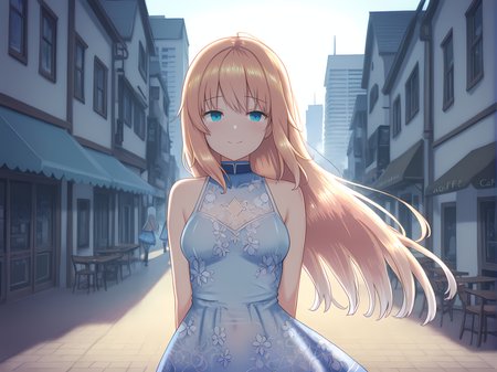 celesphonia,shimo,masterpiece,highest quality,(anime girl:1.3) with (long flowing hair:1.2),(bright blue eyes:1.1),(smiling:1.2),wearing a (delicate lace dress:1.2) with (floral patterns:1.1),intricate details,vibrant colors,soft lighting,dreamy background,high resolution,ethereal atmosphere,whimsical elements,pastel tones,<lora:Celesphonia_and_Selenoxia:1>,portrait,vibrant cityscape,(charming outdoor cafe:1.3) bustling with (people:1.2),(colorful umbrellas:1.1) shading tables,(aromatic coffee:1.2) steaming,(fresh pastries:1.1) displayed,lively atmosphere,(sunlight filtering:1.2) through trees,(urban architecture:1.3) in the background,warm tones,inviting scene,high resolution,detailed texture,, masterpiece, best quality, amazing quality, very aesthetic, absurd, newest, detailed eyes