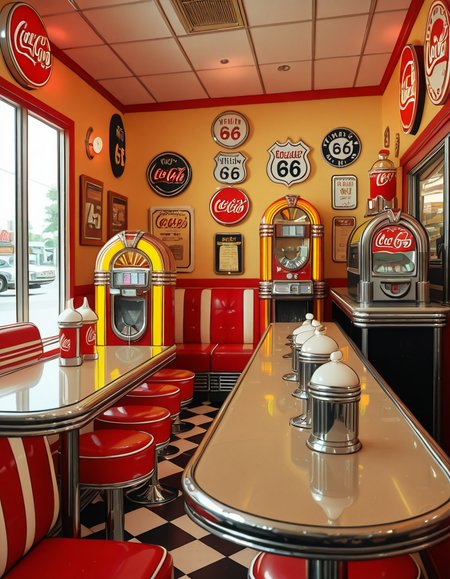 A classic 1950s American diner with a nostalgic retro atmosphere. The interior features red and white leather booth seating, chrome-trimmed tables, and a long counter with matching red barstools. A vintage jukebox with colorful neon lights stands against the wall, ready to play rock 'n' roll hits. The checkered black-and-white floor contrasts with pastel-colored walls adorned with Coca-Cola signs, Route 66 memorabilia, and classic diner menus. A row of shiny chrome napkin dispensers and glass salt and pepper shakers sit neatly on the tables. A milkshake machine and an old-fashioned soda fountain rest behind the counter, next to a vintage cash register. Large windows let in soft daylight, reflecting off the gleaming surfaces, creating a warm and inviting retro ambiance.
<lora:SDXLFaeTastic2400:0.4> <lora:extremely_detailed:0.4> extremely detailed,1950s American d1n3r, <lora:1950s_American_d1n3r-i:1>, Masterpiece,best quality,hi res,8k,hi res,8k,award winning,(sharp focus, intricate, highly detailed),