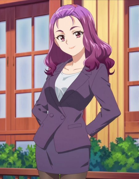 score_9, score_8_up, score_7_up, anime screencap, solo,1girl,miminokurumi,  skirt, smile,  formal,  black pantyhose, looking at viewer,purple jacket, purple skirt cowboy shot,medium breasts<lora:miminokurumi:0.8>