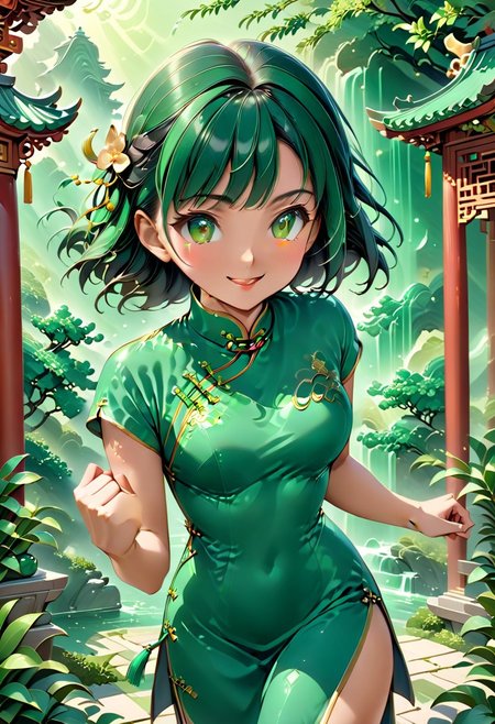 score_9, score_8_up, score_7_up, score_6_up, 1girl, petite body, 19yo beatifull, chinese girl, wearing green Cheongsam , fighting stance,  cute , shy, smile, background: chinese temple made out of jade, detailed background,  refreshing, dynamic lighting, dramatic and magical,
