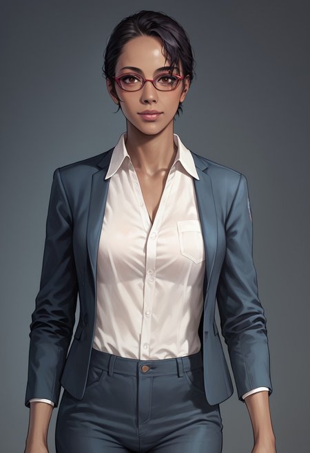 Score_9_up, score_8_up, score_7_up, source_realistic, cowboy shot, BREAK 1girl, solo, Hunnigan, very dark skin, dark skinned female, black hair, short hair, hair bun, glasses, suit jacket, open jacket, white shirt, pants,,
