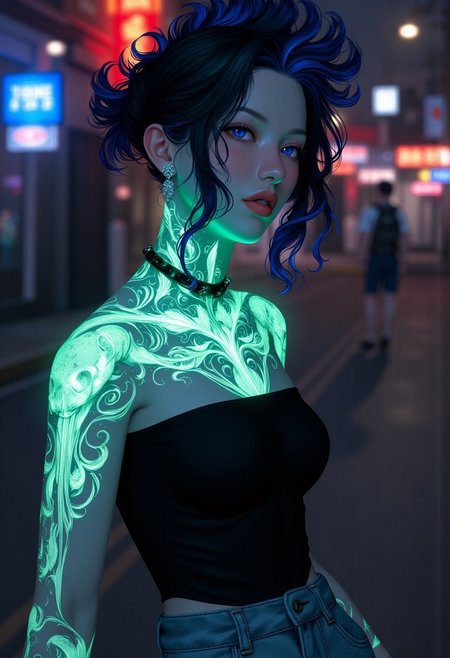 a pale punk asian women with biomechanical joints and dark green bioluminescent skull tattoos made of bio ink, black mohawk with blue tips, blue eyes, piercings, women wearing punk t-shirt and blue jean shorts, outdoor asian urban environment with neon signs, dynamic lighting, dynamic shot, extreme close-up shot