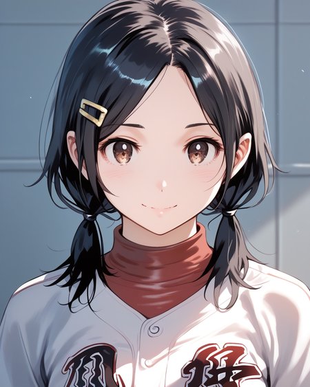 score_9, score_8_up, score_7_up, score_6_up, score_5_up, score_4_up, source_anime, screenshots, <lora:major2nd_pony_v1_uo-000020:stop=24>
light smile, 1girl, black hair, hairclip, parted bangs, low twintails, brown eyes, 
baseball uniform, red turtleneck,