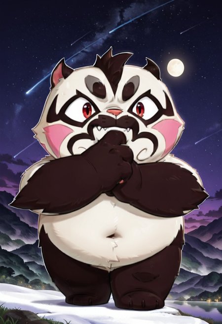 safe for work, no naughty stuff, rating_safe, solo, masterpiece, best quality, absurdres, highly detailed, furry male, cat, mature male, 4 fingers

Dafei, Jing-Ju Cats, red eyes, standing, night background, chubby