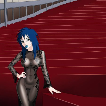 <lora:Kylie_pony_v1:.8> KylieGreyShirt, 1girl,  makeup, lipstick, blue hair, large breasts, black lips, long hair, cowboy shot, 
 <lora:1013 Home wear 30_v1_pony:1> ruanyi1013,black dress,floral print,long dress,long sleeves,see-through dress,skin tight,lace