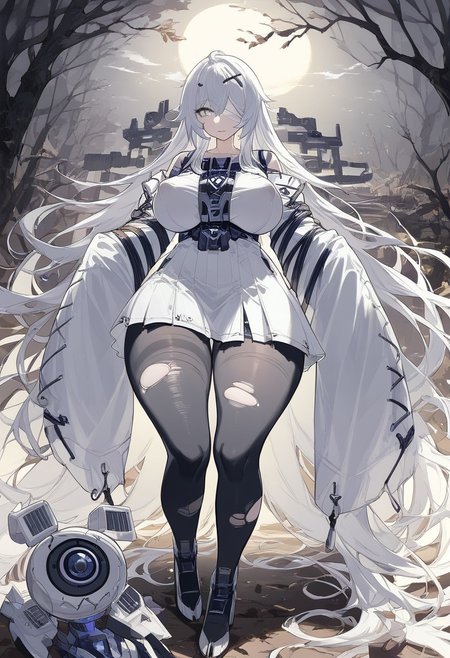 Score_9, Score_8_up, detailed background, night, pov, japanese shrine, Expressiveh, Character,  Robot Girl, XXI, grey eyes, white hair, long hair, 21. clothes, bandaged head, torn pantyhose, XXI drone and mecha, shortstack, toned, large breasts, puffy nipples, thick thighs wide hips, wide shot showing female, full body shot, looking at viewer, lustful
