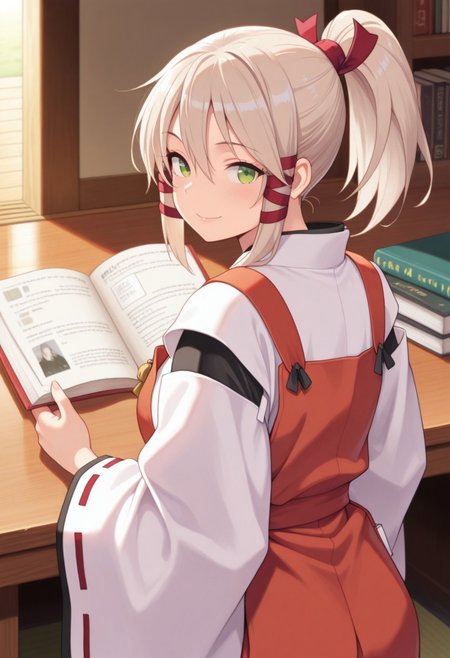 masterpiece,best quality,amazing quality, uka, light beige hair, green eyes, ponytail, long hair, 1girl, hair ribbon, ribbon, tress ribbon, book, solo, japanese clothes, looking back, miko, smile, looking at viewer