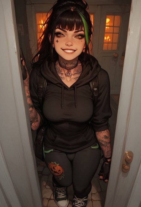 score_9, score_8_up, score_7_up, extremely detailed, sharp focus, HD, 1futa, solo, eyes open, ponytail, black hair, green streak in hair, black hair, red streak in hair, 18 years old, tattoos:1.3, arm tattoo, leg tattoo, bangs, petite, medium breasts, hoodie, hood up, halloween costume, black costume, black outfit, backpack, glove, leggings, sneakers, detailed background, outside, front door, night, halloween, vivid colours, collar, leashed collar, grinning, bossy, in charge, dominant, smirk, brown eyes,